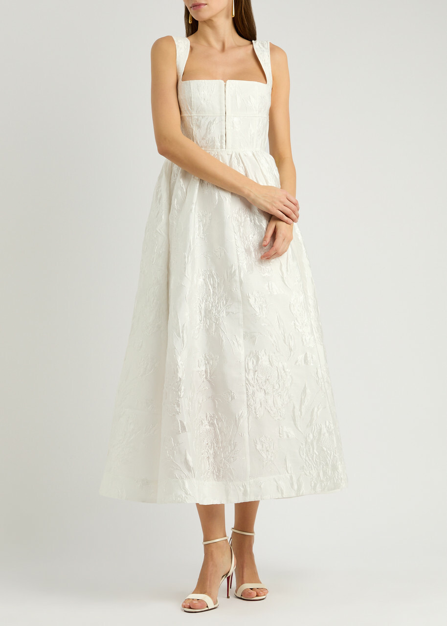 Clea Anton Floral-jacquard Twill Midi Dress White