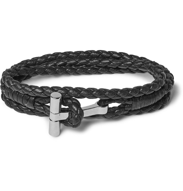 Photo: TOM FORD - Woven Leather and Silver-Tone Wrap Bracelet - Black