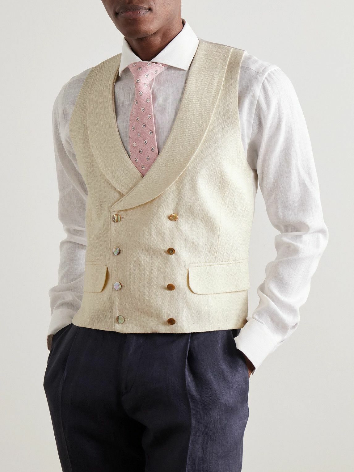 Favourbrook - Randwick Slim-Fit Double-Breasted Herringbone Linen and Silk-Blend and Satin Waistcoat - Neutrals