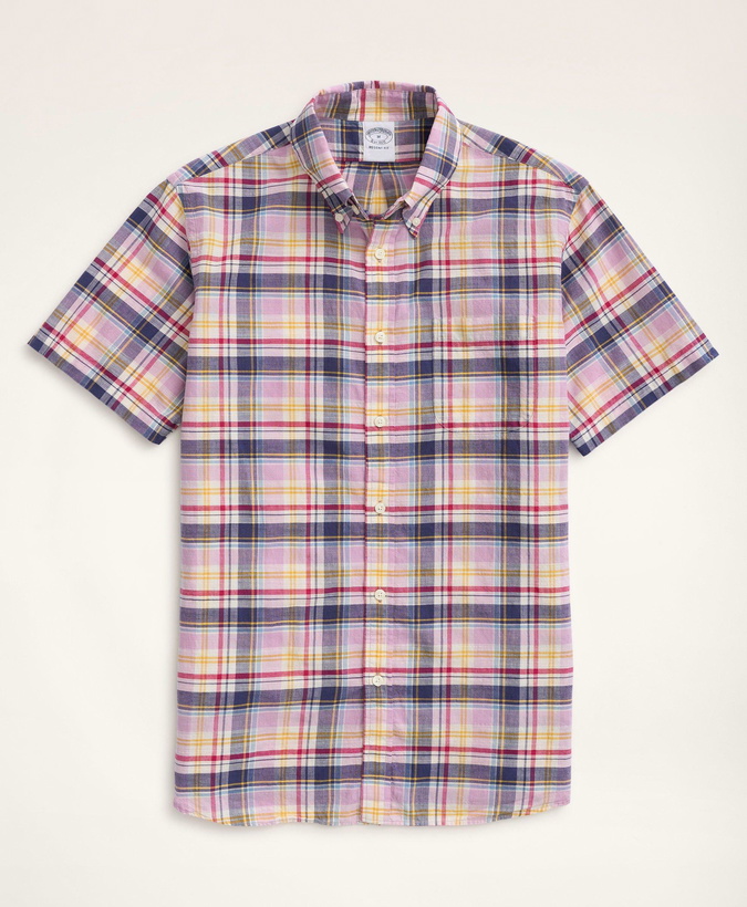 Photo: Brooks Brothers Men's Regent Regular-Fit Sport Shirt, Short-Sleeve Madras | Pink