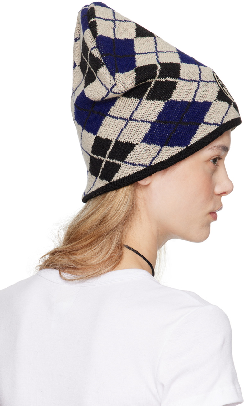 Anna Sui Blue & Beige Argyle Patch Beanie