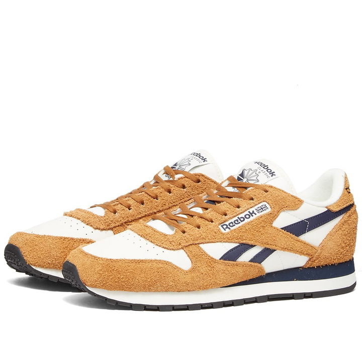 Photo: Reebok Men's Classic Leather Sneakers in Chalk/Wild Brown/Vector Navy