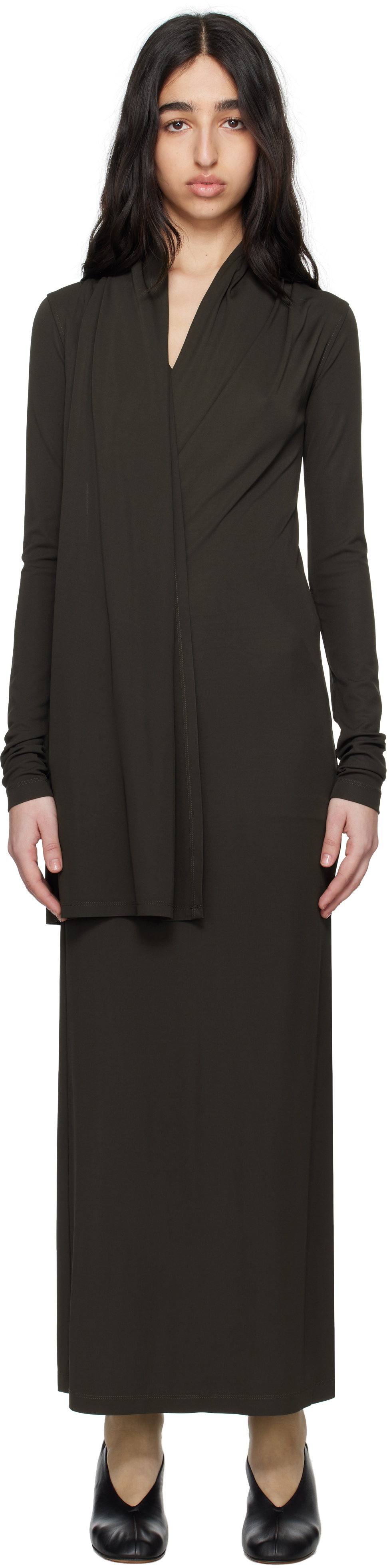 TOTEME Brown Overlapped Jersey Midi Dress Toteme TOTEME Brown Overlapped Jersey Midi Dress Toteme