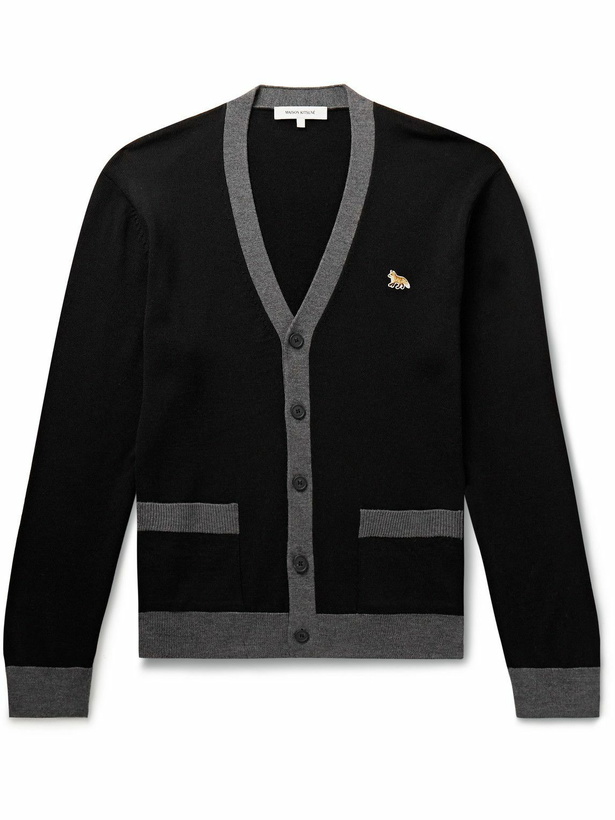 Photo: Maison Kitsuné - Logo-Appliquéd Two-Tone Wool Cardigan - Black