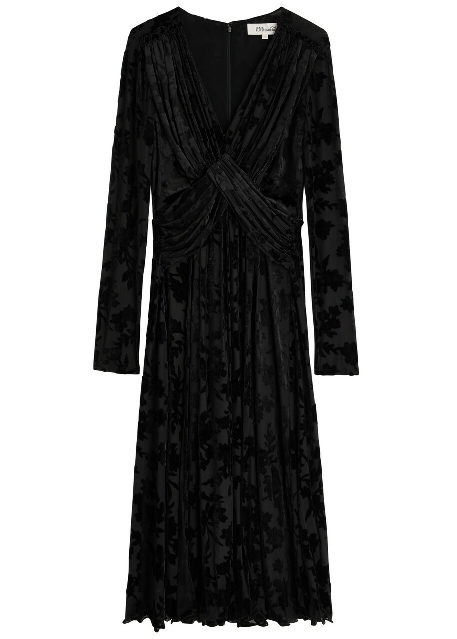 Diane Von Furstenberg Strand Flocked Mesh Midi Dress Black Diane von  Furstenberg