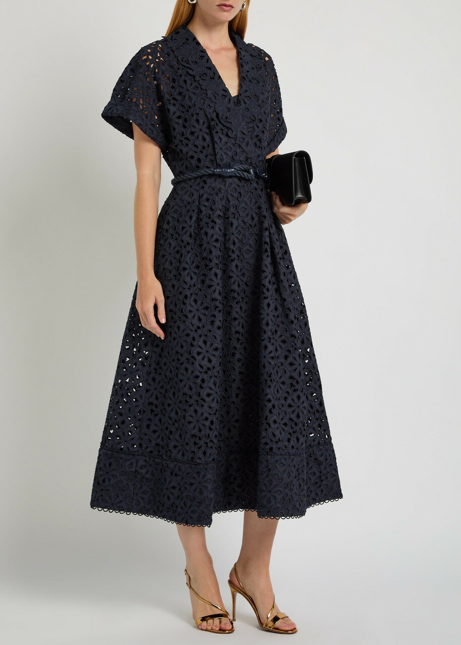 Rebecca Vallance Antalya Embroidered Belted Cotton Midi Dress Navy