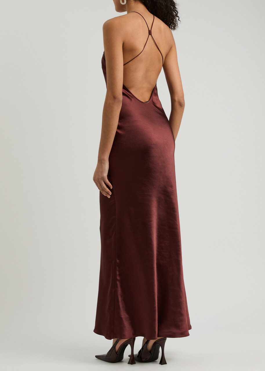 Self-portrait Lace-trimmed Satin Maxi Dress Brown