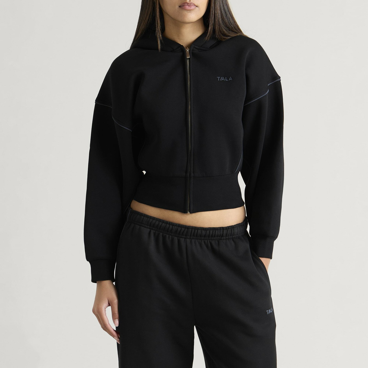 TALA Women's Piped Cocoon Zip Through Hoodie in Black