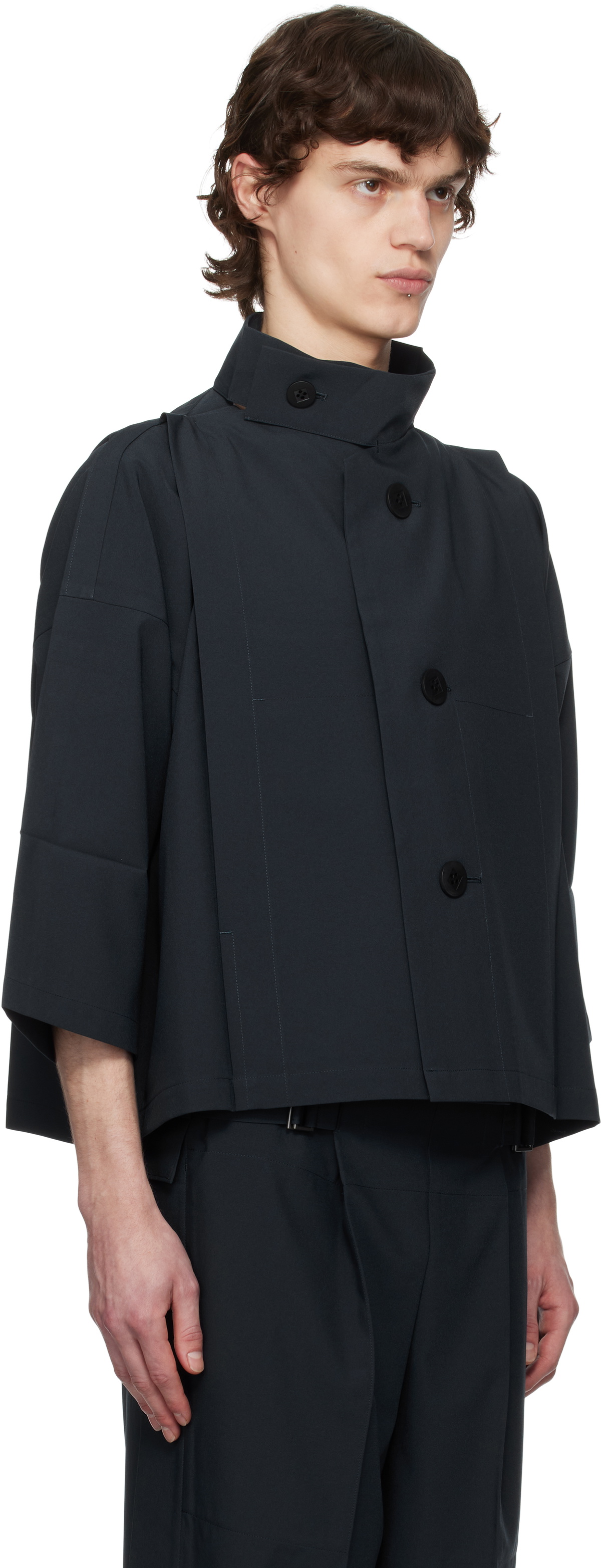 132 5. ISSEY MIYAKE Navy Flat Tuck Jacket