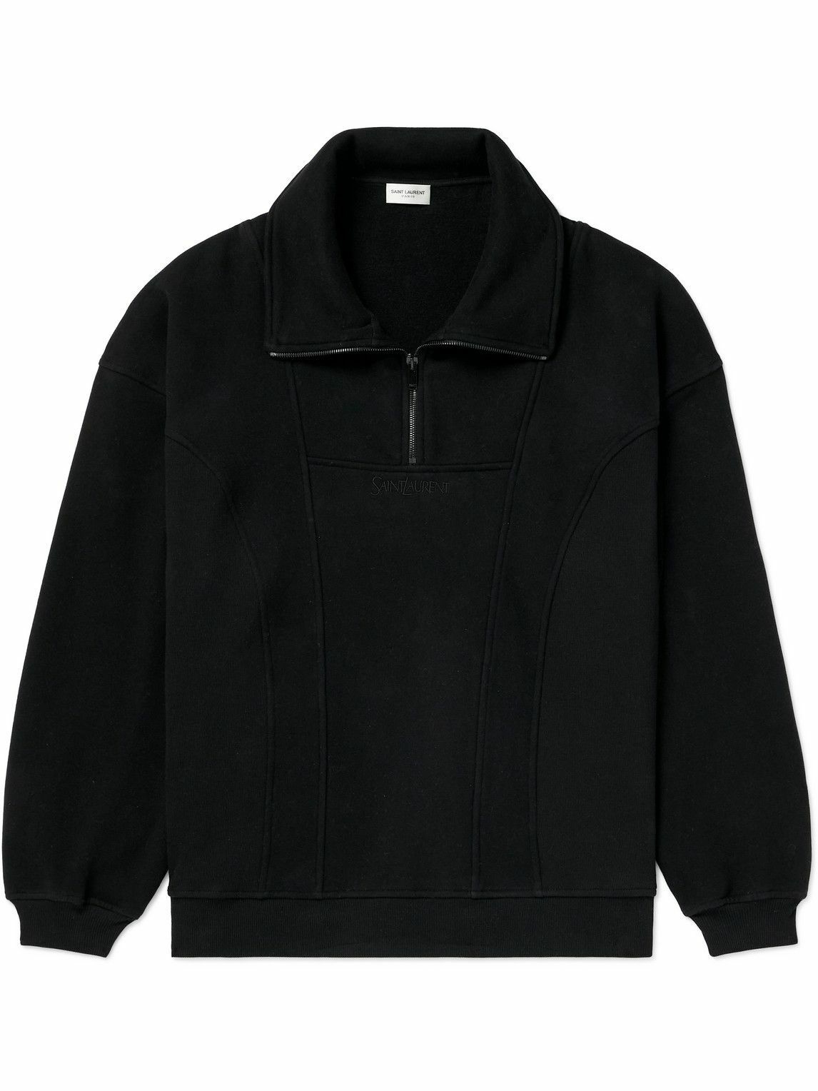 Photo: SAINT LAURENT - Logo-Embroidered Cotton-Jersey Half-Zip Sweatshirt - Black