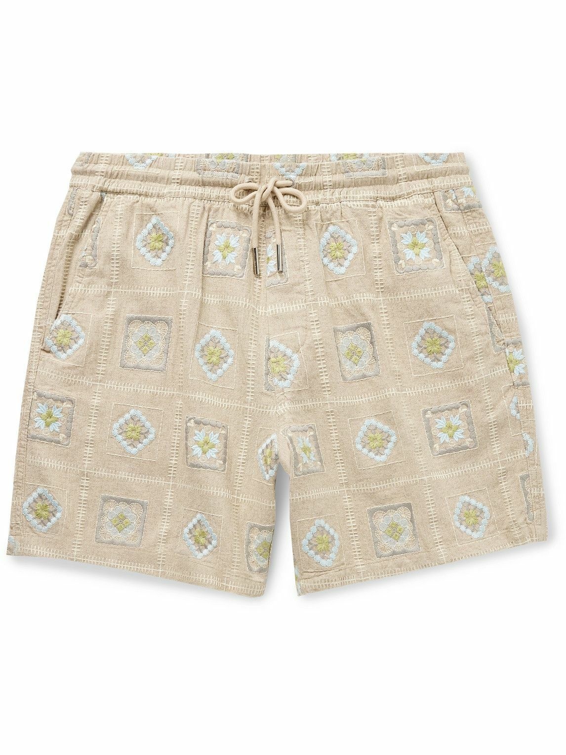 Photo: NN07 - Gregor 5398 Straight-Leg Embroidered Linen-Blend Drawstring Shorts - Neutrals