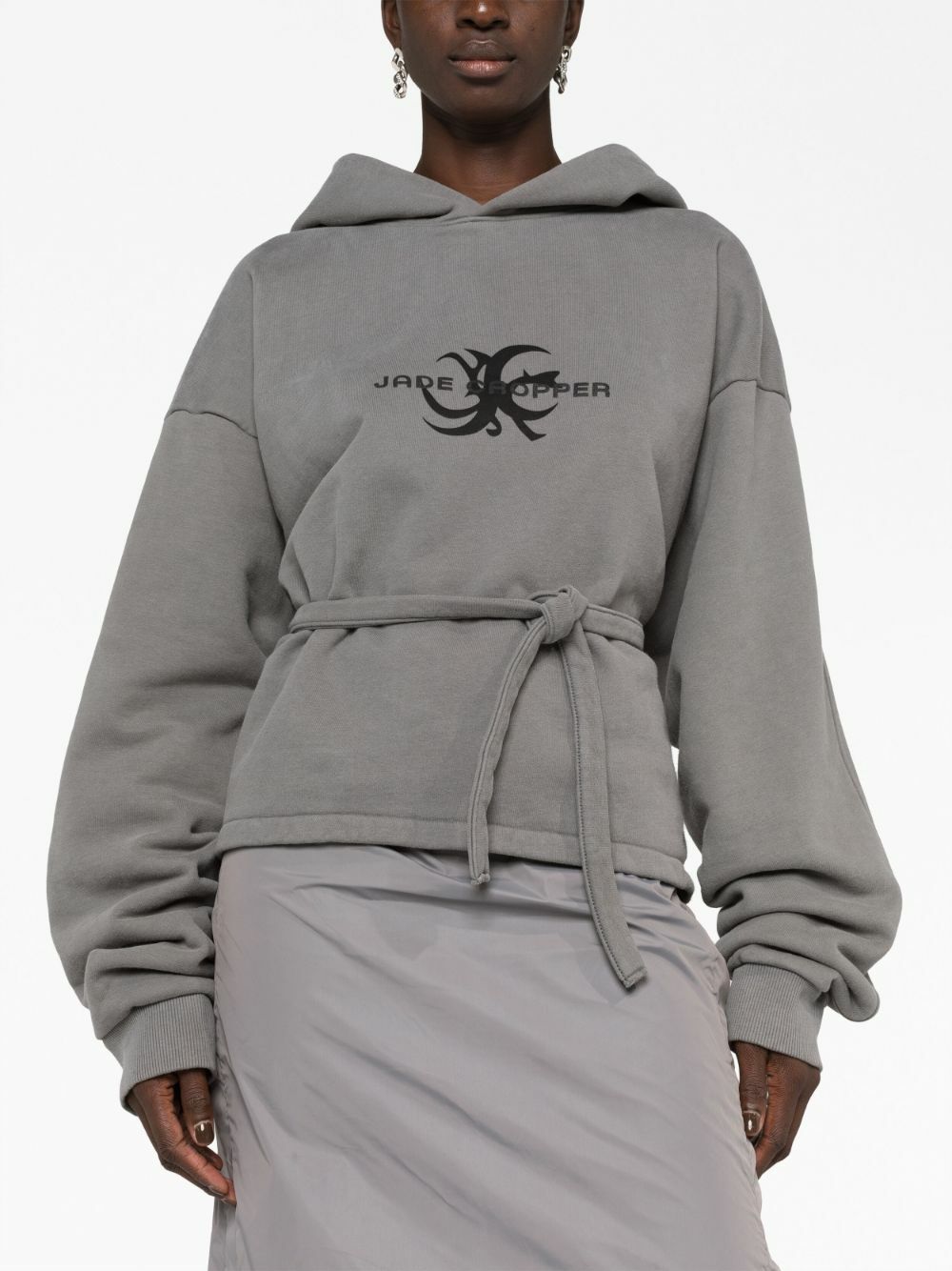 Jade Cropper Grey Logo-Print Asymmetric Hoodie
