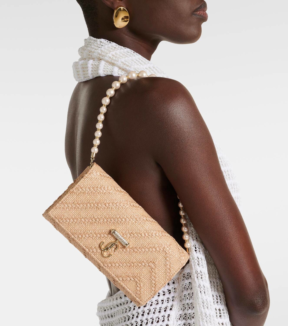 Jimmy Choo Avenue pearl-trimmed raffia wallet on chain Jimmy