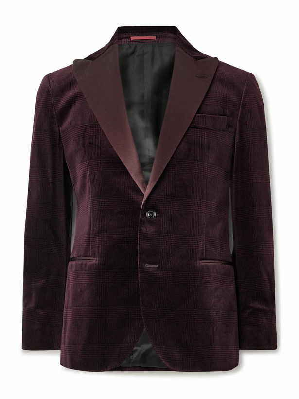 Photo: Brunello Cucinelli - Slim-Fit Satin-Trimmed Prince of Wales Checked Cotton-Velvet Tuxedo Jacket - Burgundy