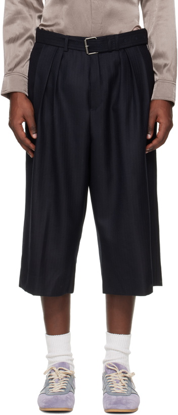 Photo: Dries Van Noten Navy Belted Light Wool Shorts