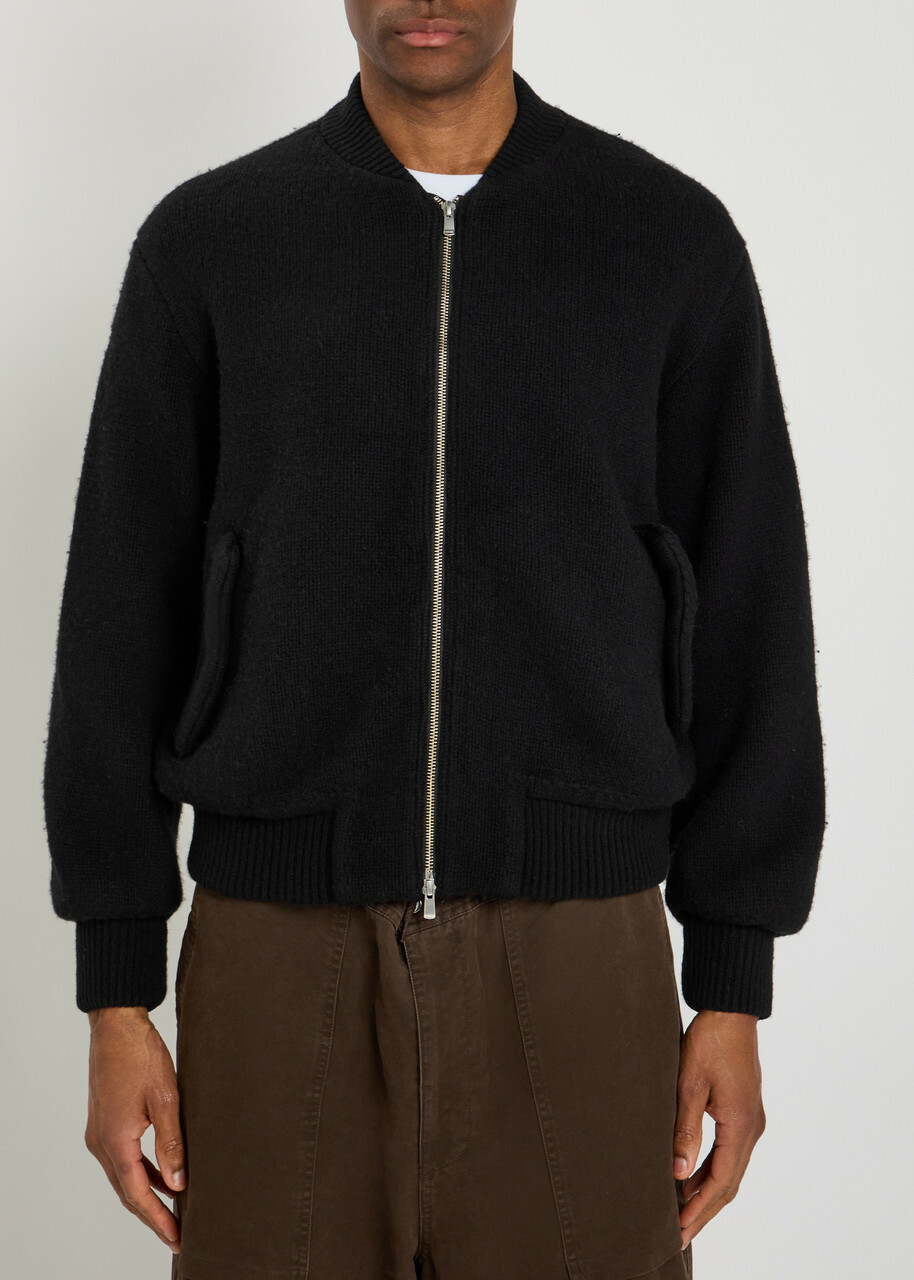 Vowels Fine-knit Wool Bomber Jacket Black