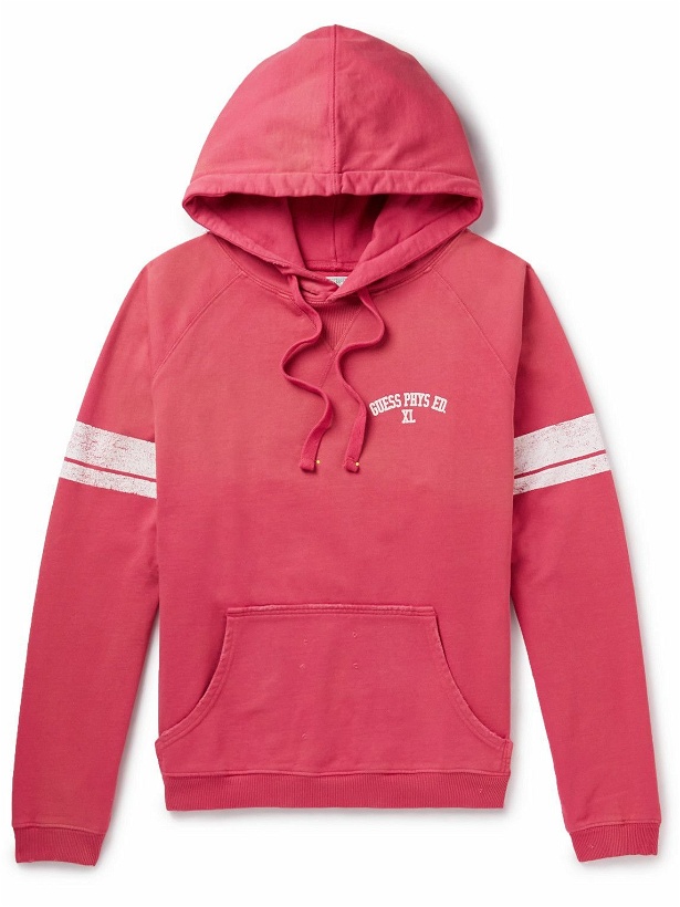 Photo: Guess USA - Distressed Logo-Print Cotton-Jersey Hoodie - Red