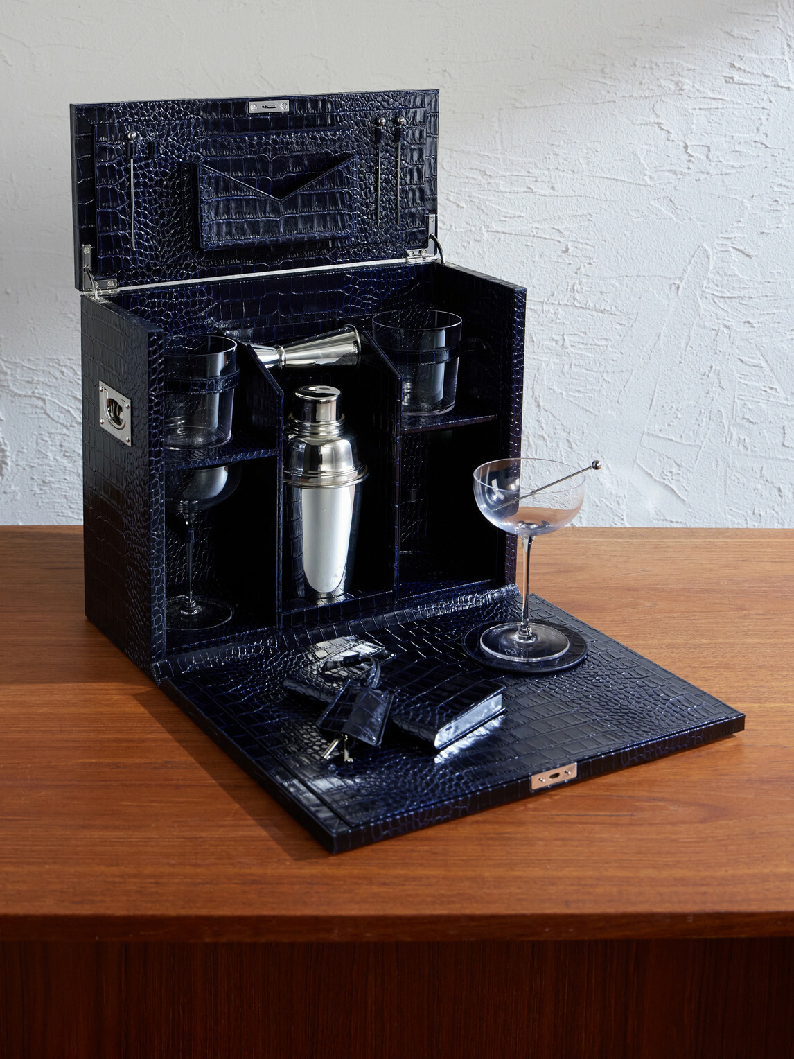 Smythson - Silver-Plated and Croc-Effect Leather Cocktail Set