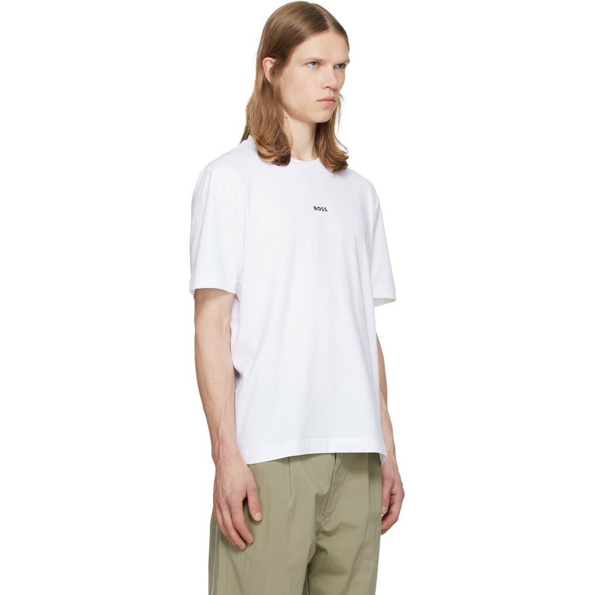 BOSS White Stretch-Cotton Contrast Logo T-shirt