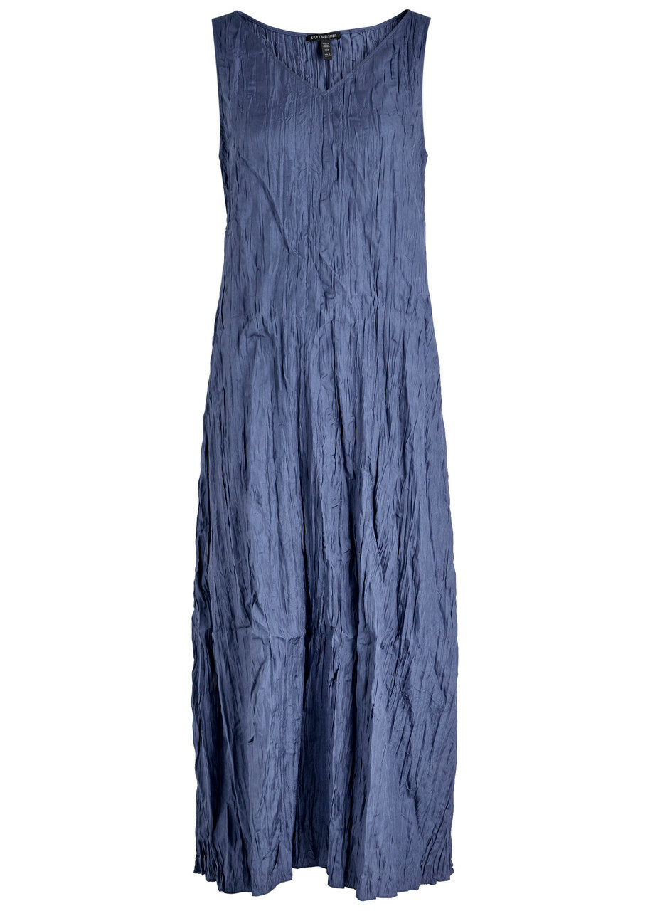 Eileen Fisher Crinkled Pliss Silk Midi Dress Navy EILEEN FISHER