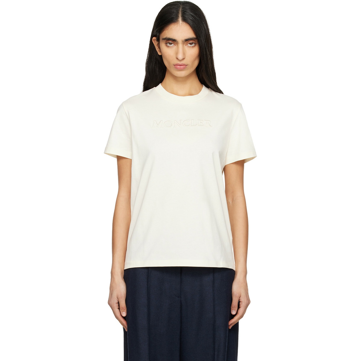 Moncler Off-White Embroidered Tonal Logo Cotton T-shirt
