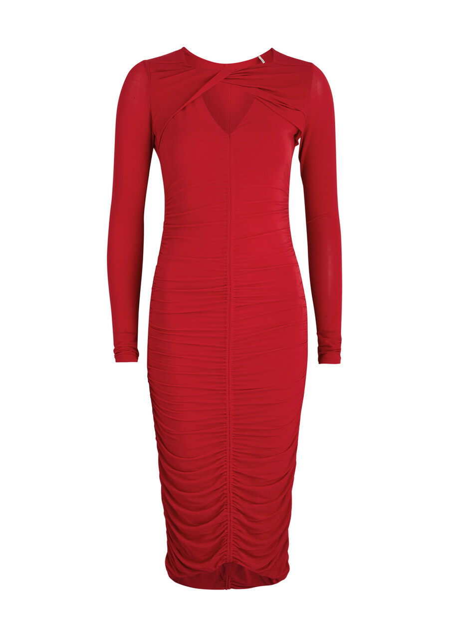 open lace back dress ARIANA RUCHED LONG SLEEVE FUNNEL NECK MIDI DRESS – AKIRA