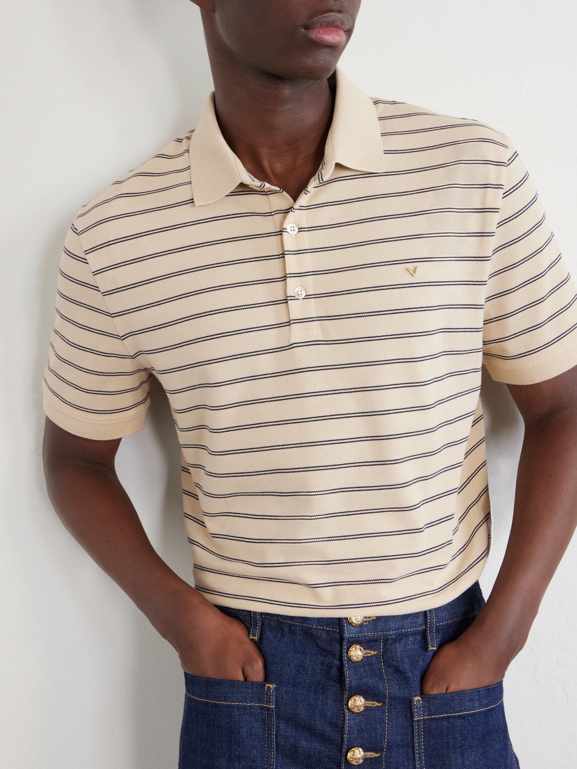 Valentino Garavani - VLogo Striped Cotton-Piqué Polo Shirt - Neutrals
