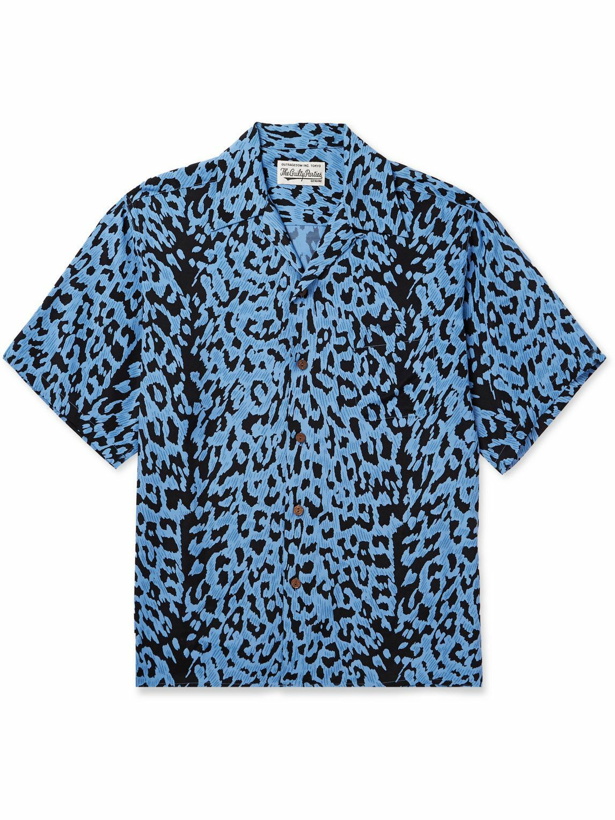 Photo: Wacko Maria - Camp-Collar Leopard-Print Satin Shirt - Blue
