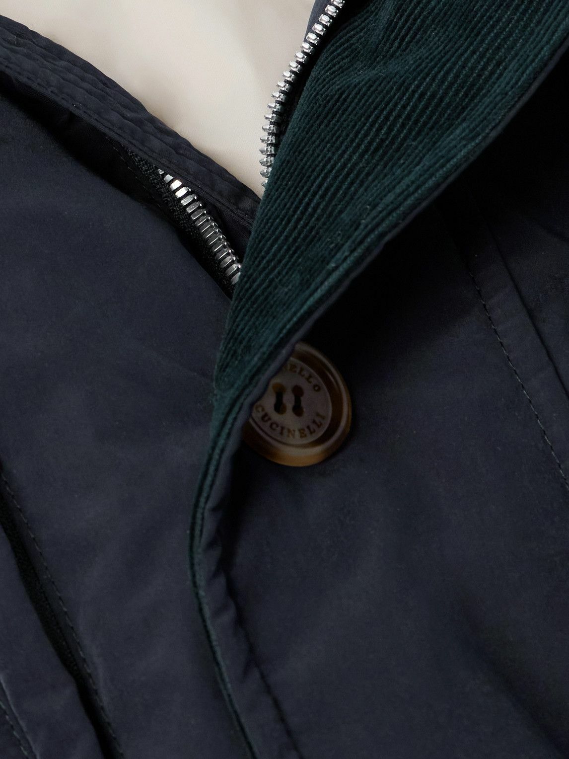 Brunello Cucinelli - Cotton-Corduroy Trimmed Belted Padded Shell Jacket - Blue