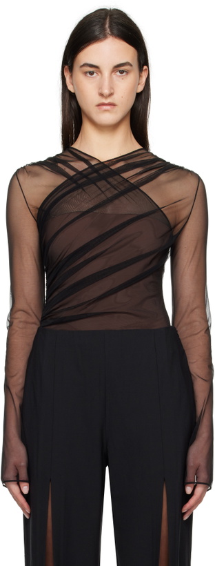 Photo: Nensi Dojaka Black & Brown Semi-Sheer Gathered Long Sleeve Bodysuit