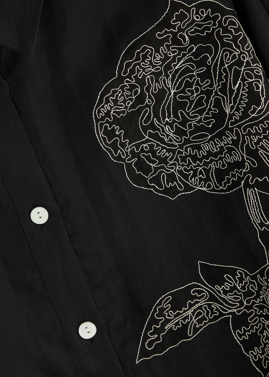 Lovebirds Embroidered Semi-sheer Silk-organza Shirt Black