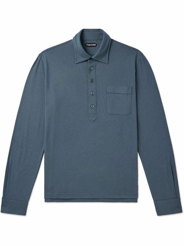 Photo: TOM FORD - Cotton and Silk-Blend Piqué Polo Shirt - Blue