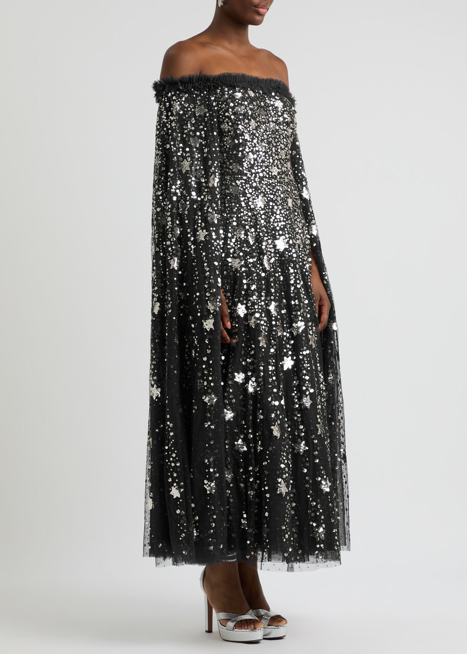 Needle & Thread Shooting Stars Embellished Tulle Cape Gown Gunmetal