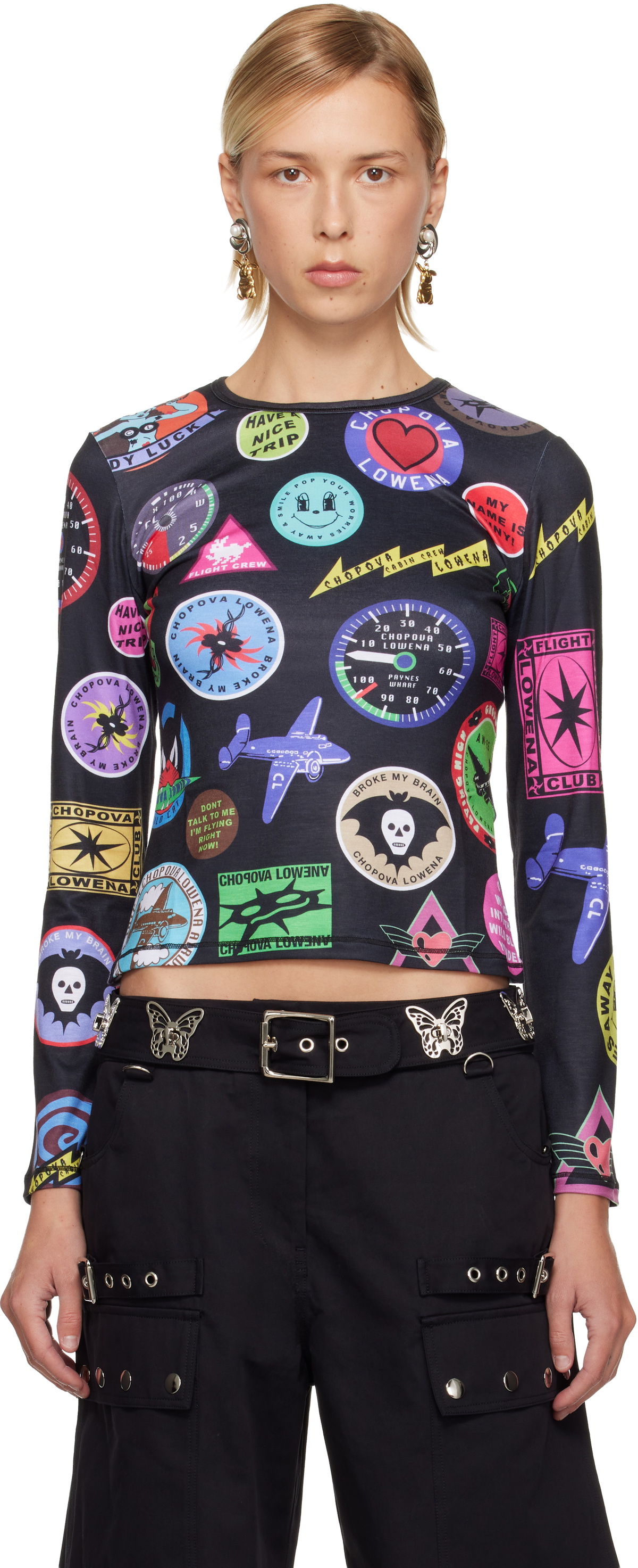 Chopova Lowena Black Patch Print Fitted Jersey T-shirt