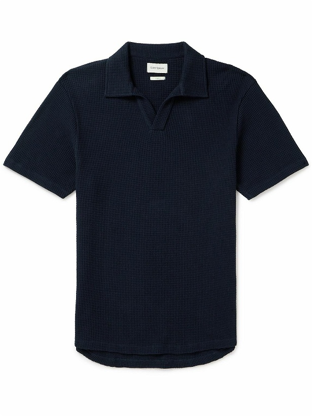 Photo: Oliver Spencer - Austell Waffle-Knit Organic Cotton-Blend Polo Shirt - Blue