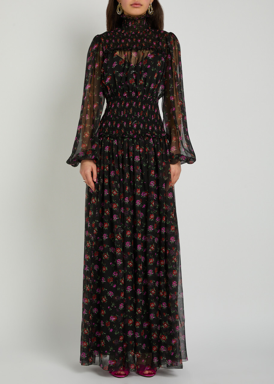 Dolce & Gabbana Floral-print Shirred Silk Maxi Dress Black