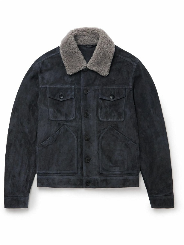 Photo: Mr P. - Shearling-Trimmed Suede Trucker Jacket - Blue