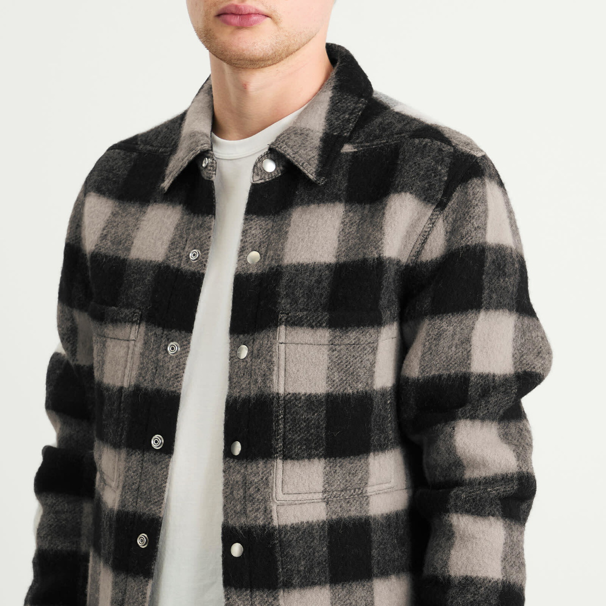 Rick Owens Men's Plaid Wool Outershirt in Black Plaid Rick Owens