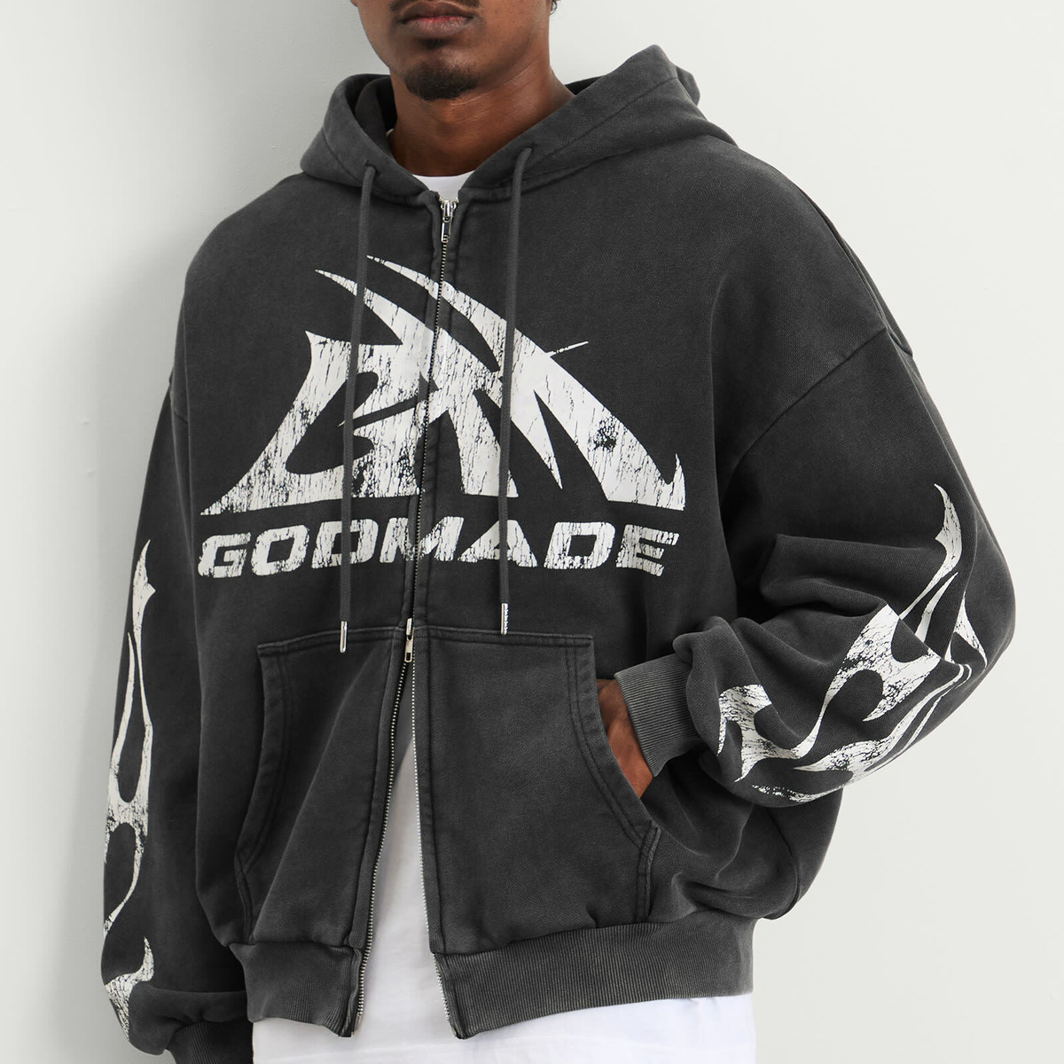 God Made Men's GM Logo Zip Hoodie in Washed Grey