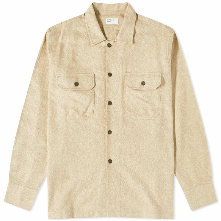 Photo: Universal Works Men's Soft Flannel Utility Overshirt in Sand