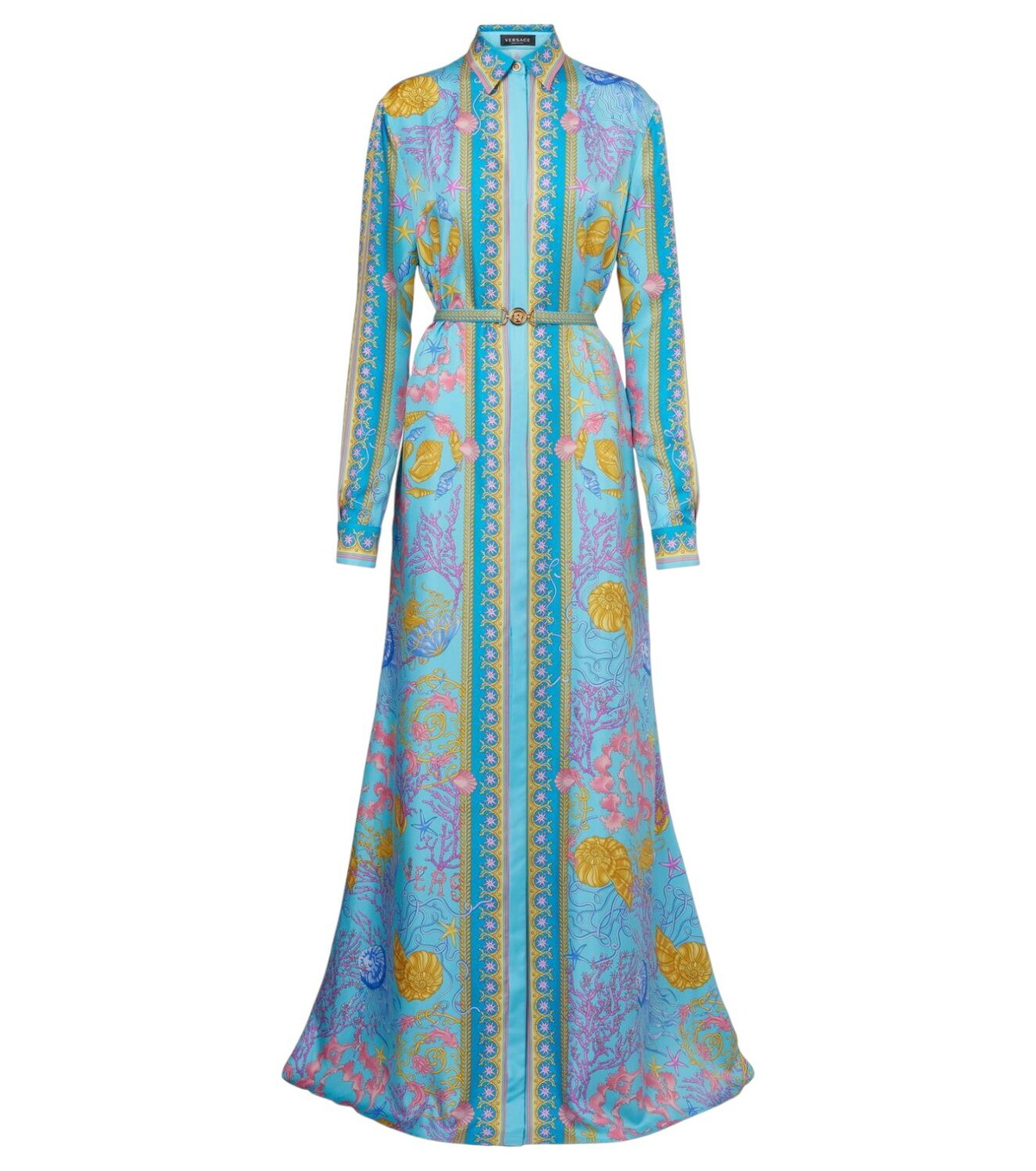 【VERSACE】Underwater Barocco draped jersey gown Underwater Barocco draped jersey gown in blue - Versace