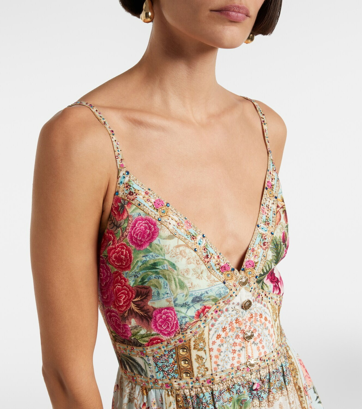 Camilla Embellished floral linen maxi dress