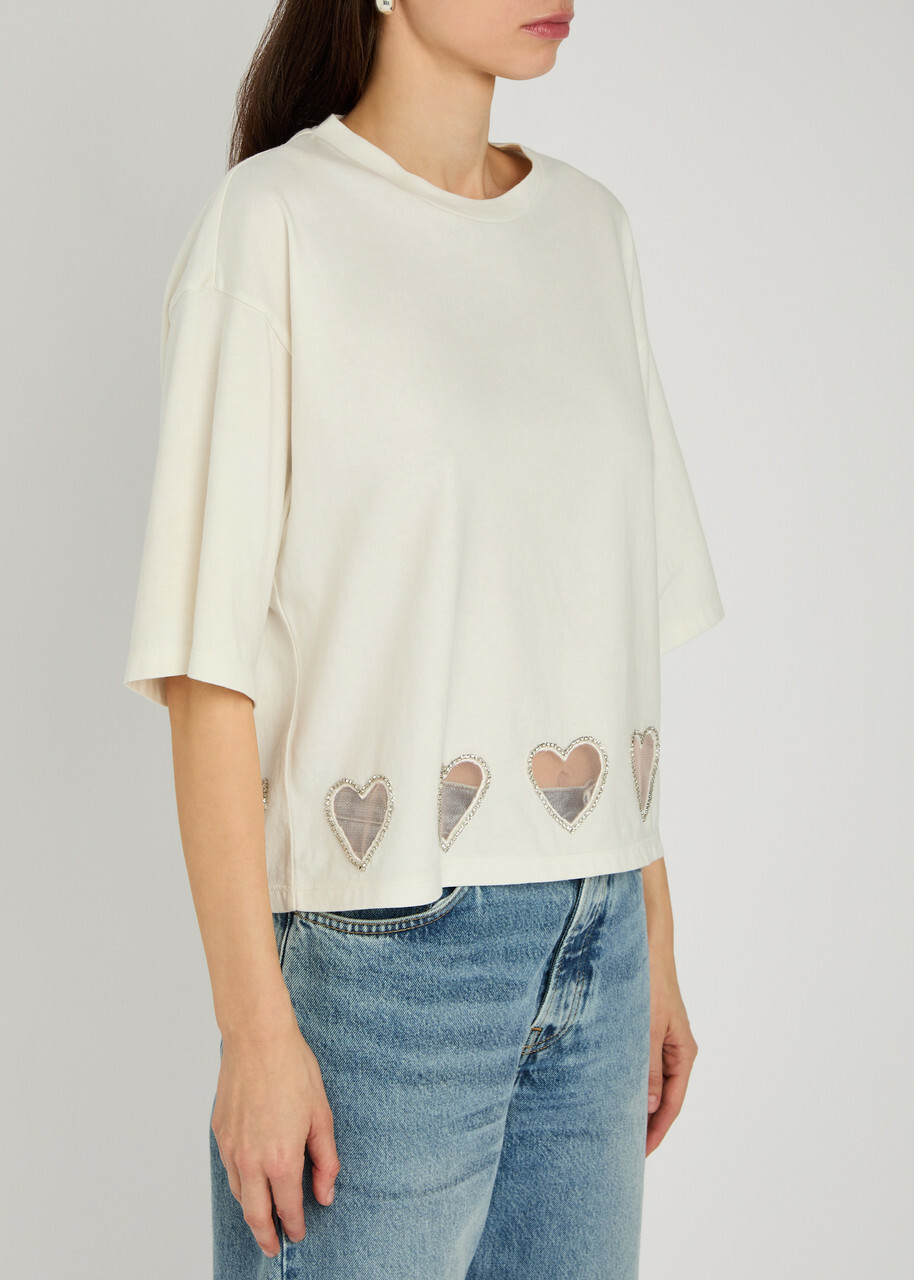 Alice + Olivia Evan Heart Embellished Cropped Cotton T-shirt White