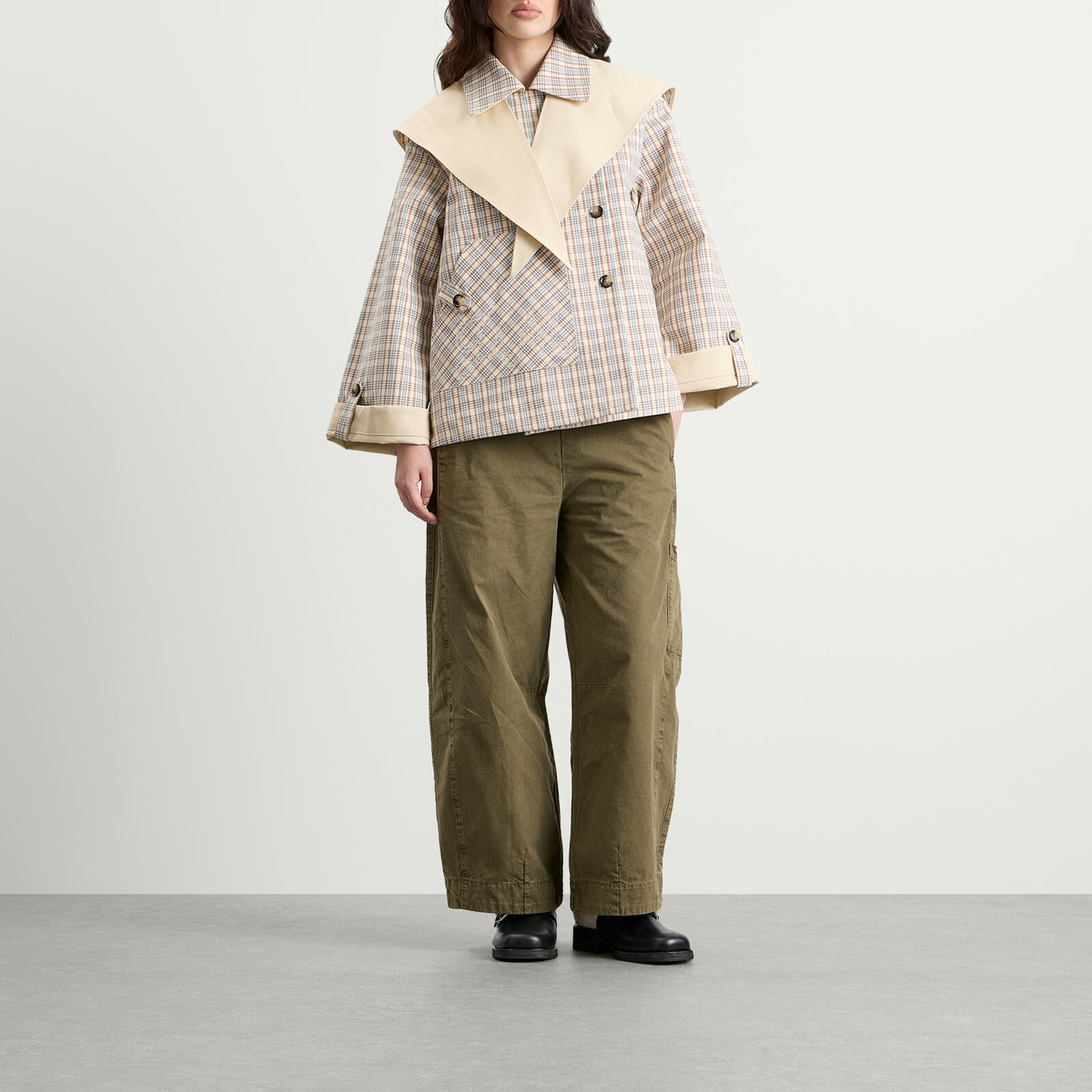 Damson Madder Women's Jerry Reversible Crop Trench Coat in Stone