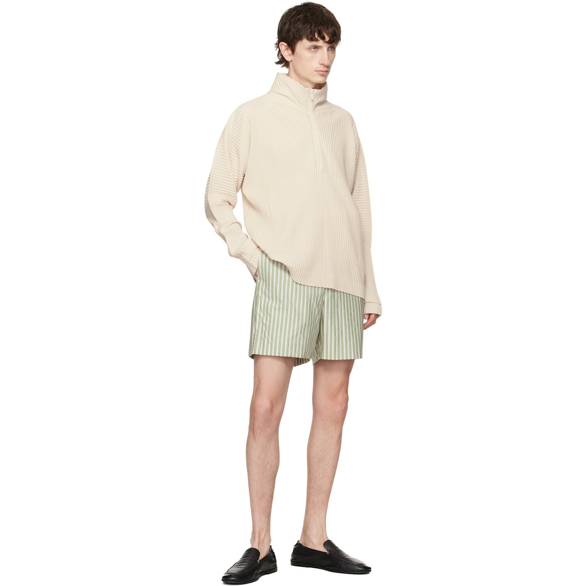 HOMME PLISSÉ ISSEY MIYAKE Green & Beige Stripe Jersey Shorts