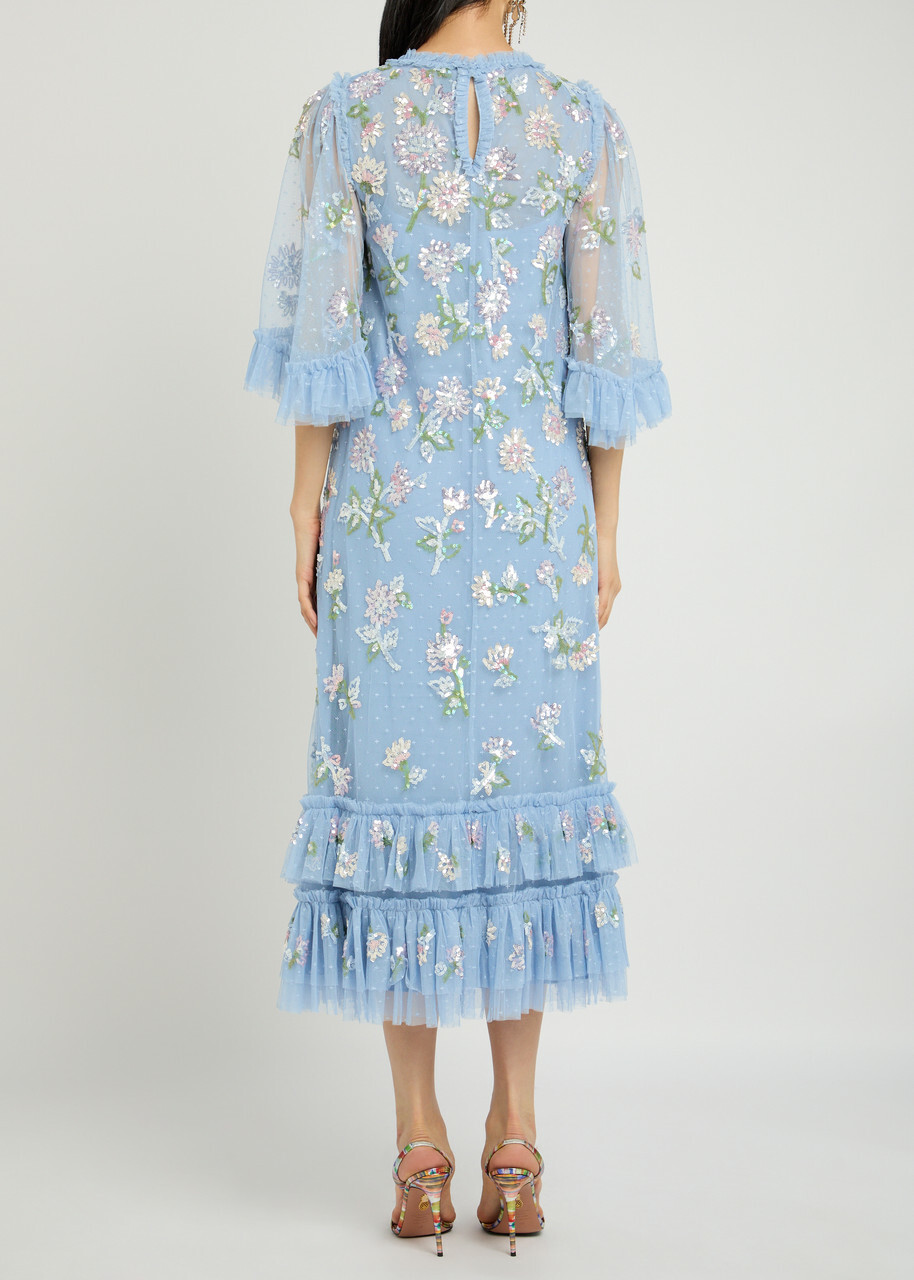Needle & Thread Gloss Floral-embellished Tulle Midi Dress Blue