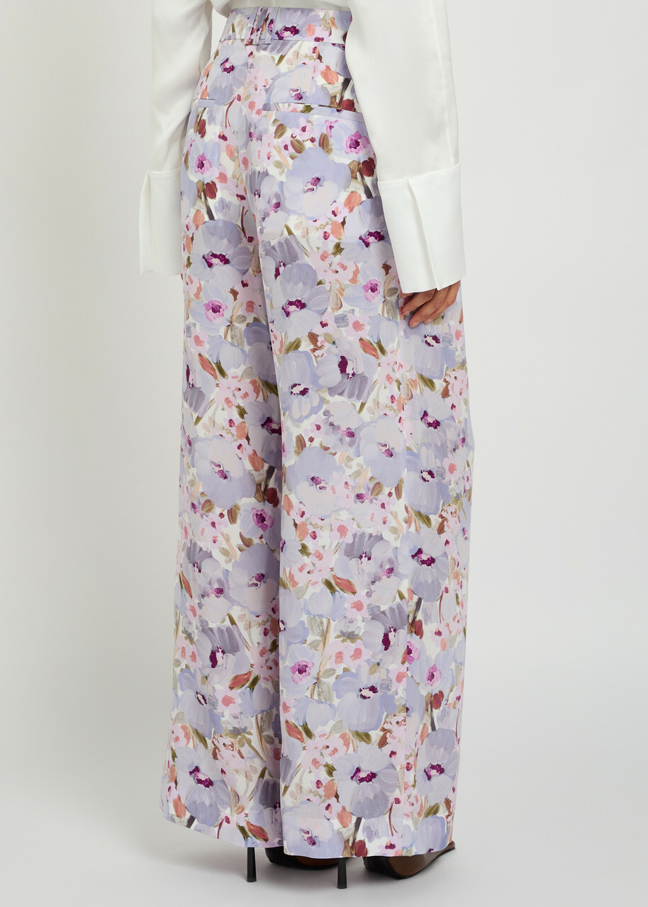 Balmain Floral-print Wide-leg Silk Trousers White