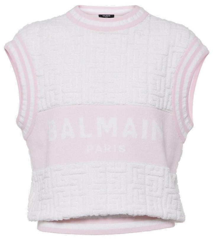 Photo: Balmain Monogram wool and cotton-blend knitted top