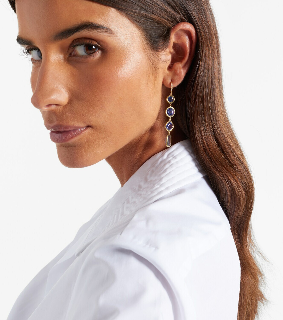 Octavia Elizabeth Cascade 18kt gold drop earrings with diamonds and tanzanite