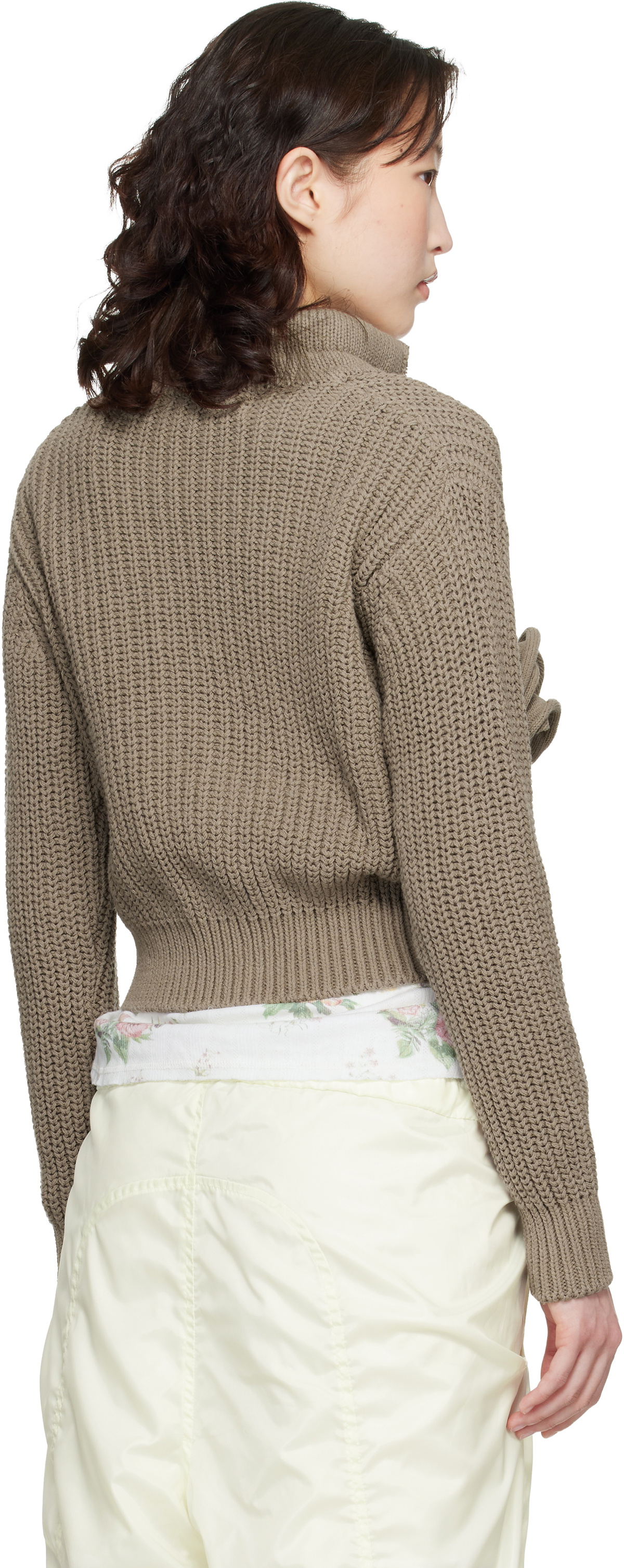 OPEN YY Taupe Applique Knit Zipup Sweater